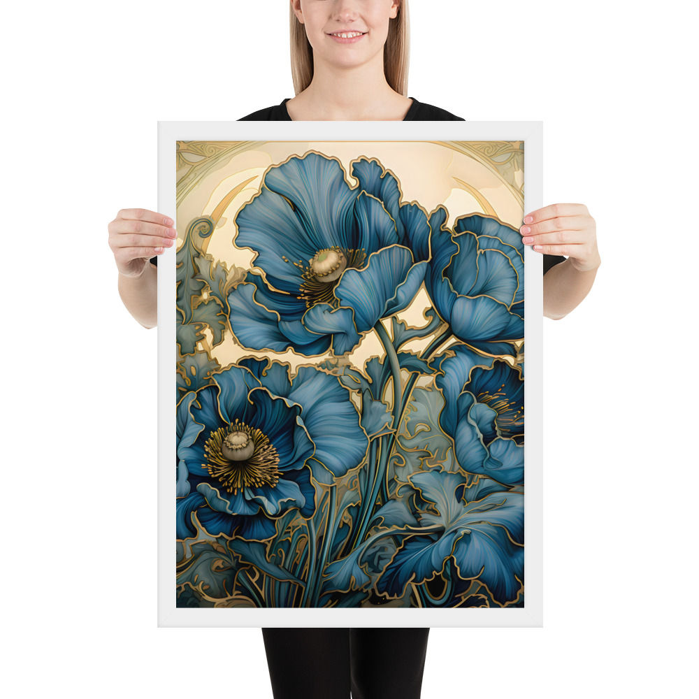 Blue Art Nouveau Blue Poppies Framed poster
