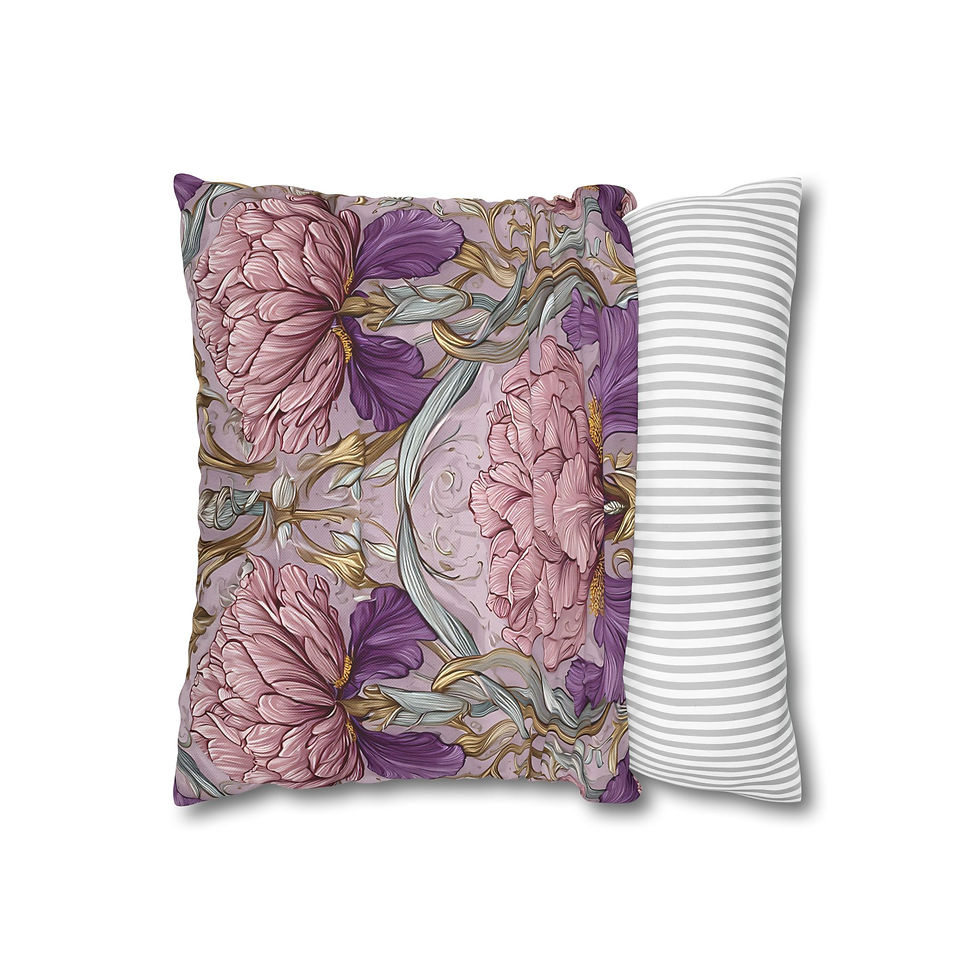 Thumbnail: Art Nouveau Floral Pillowcase — Pink Peony & Iris Decorative Square Pillow