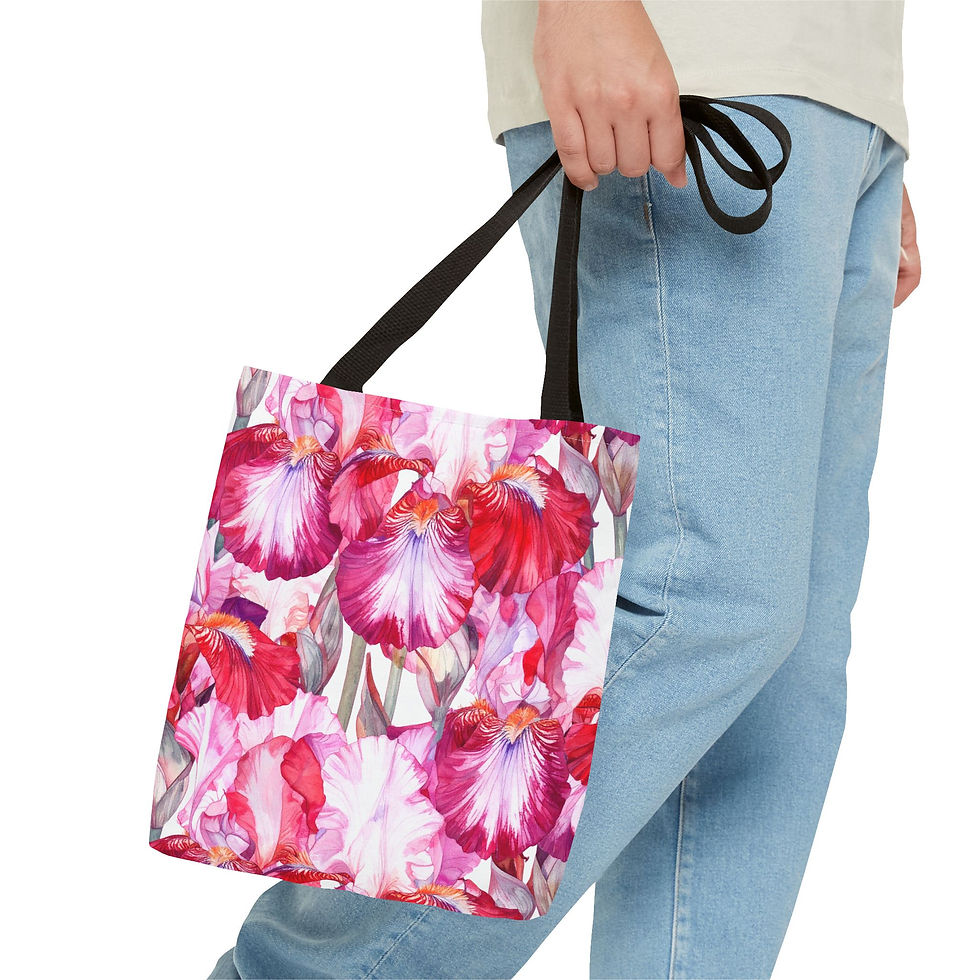 Thumbnail: Pink/Red Irises Floral Tote Bag, Boho Chic Handbag