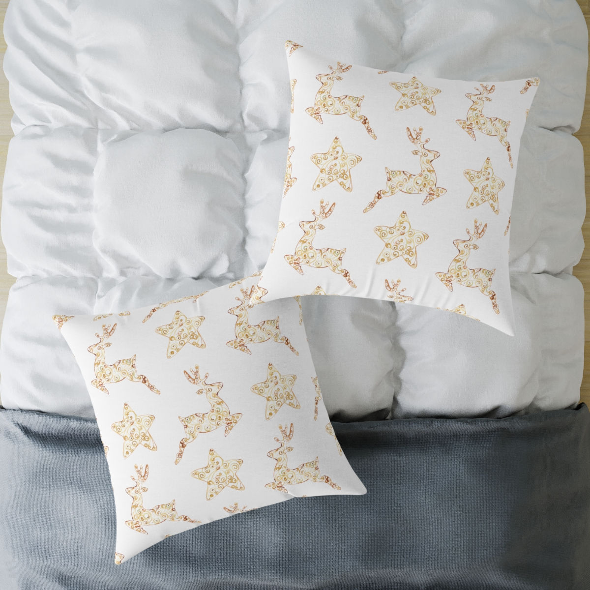 Golden Reindeer and Stars (white) Spun Polyester Pillow