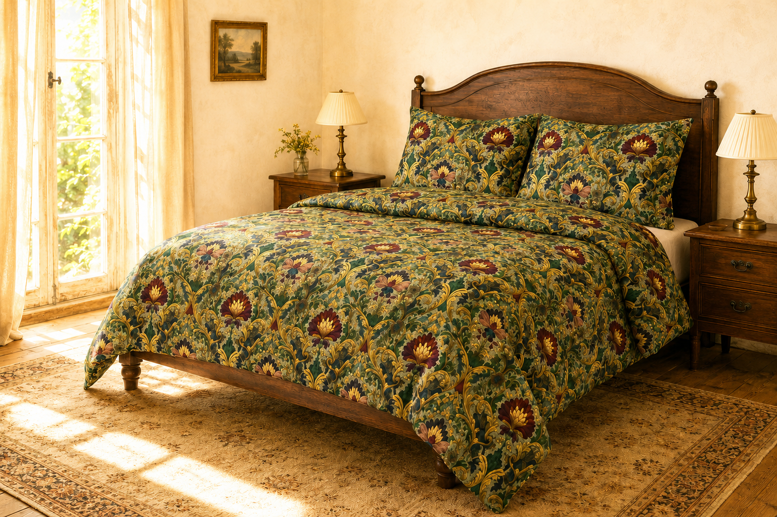 Floral Rococo Damask Cotton Bed Set — Vintage Botanical Pattern Duvet Cover