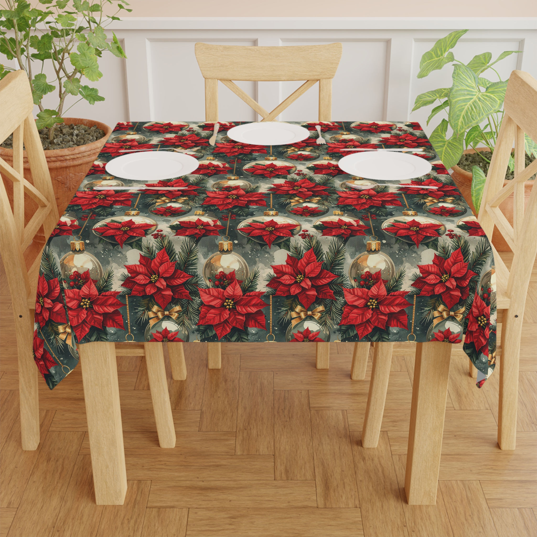 Festive Poinsettia Christmas Bulbs Tablecloth 