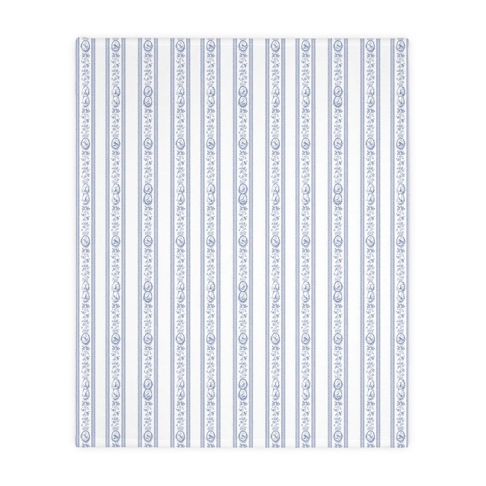 Thumbnail: Blue Floral Velveteen Throw Blanket — Reversible Striped & Blossom 