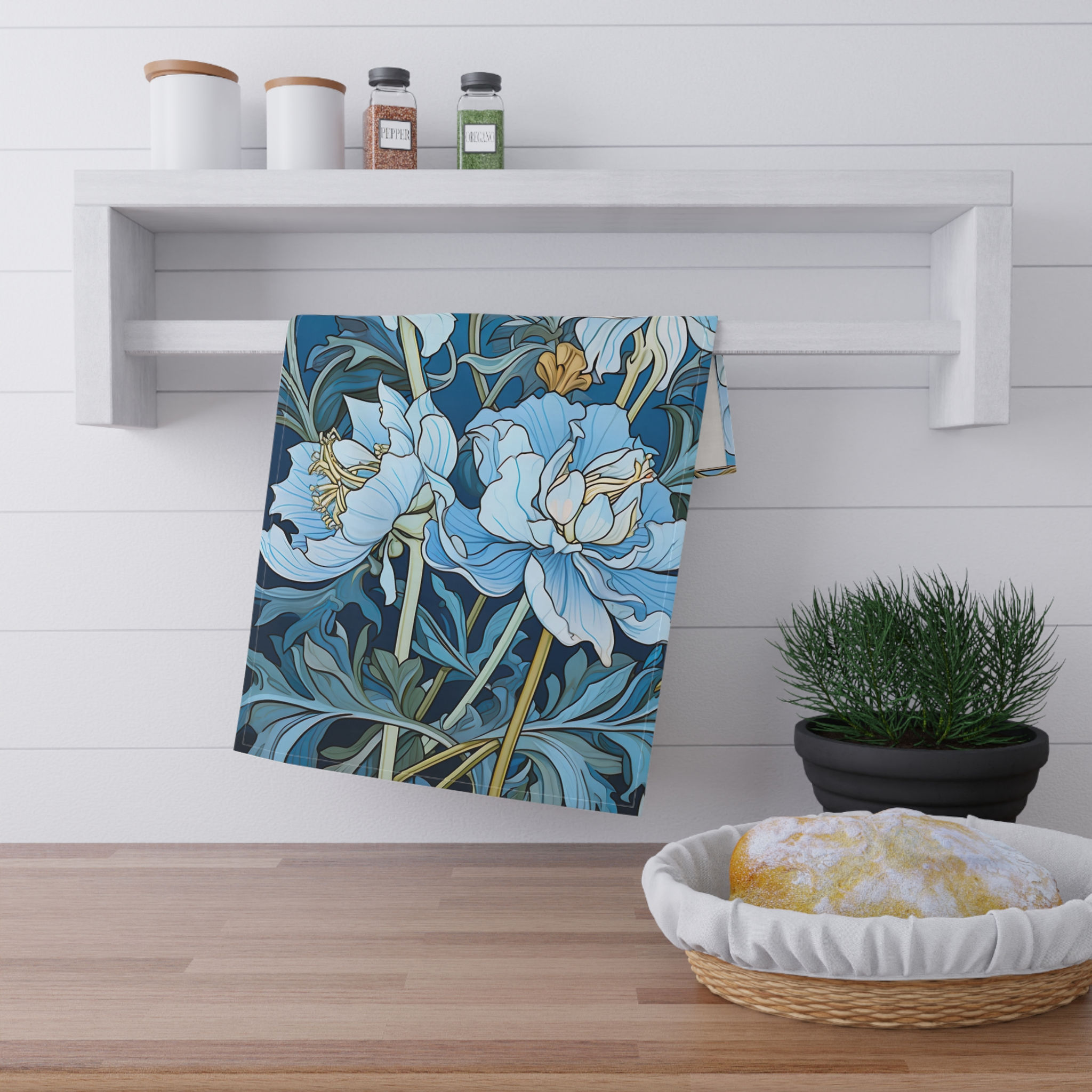 Blue Peony Floral Tea Towel — Botanical Kitchen Hand Towel