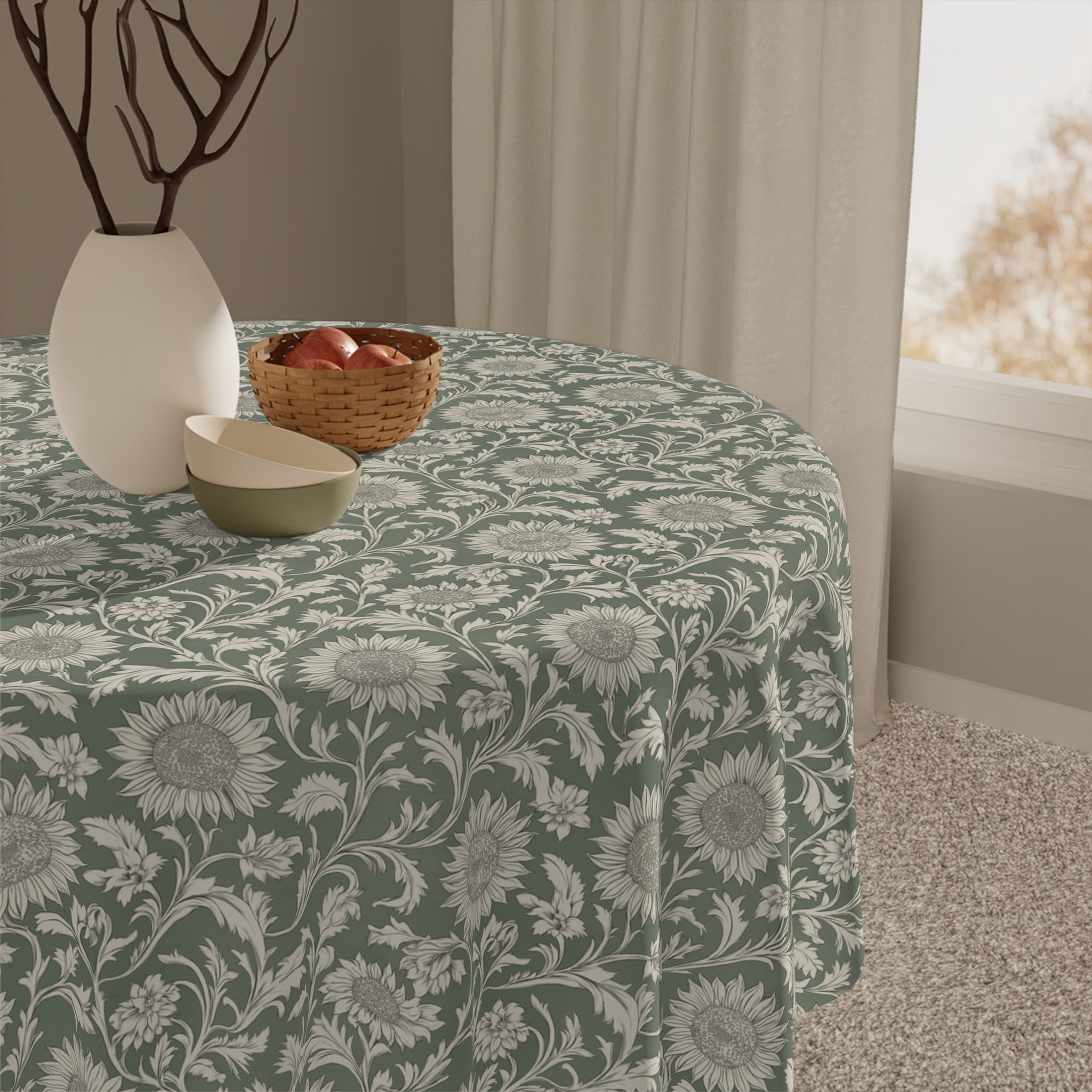 Green Vintage Floral Tablecloth – Botanical Printed Square Table Cover