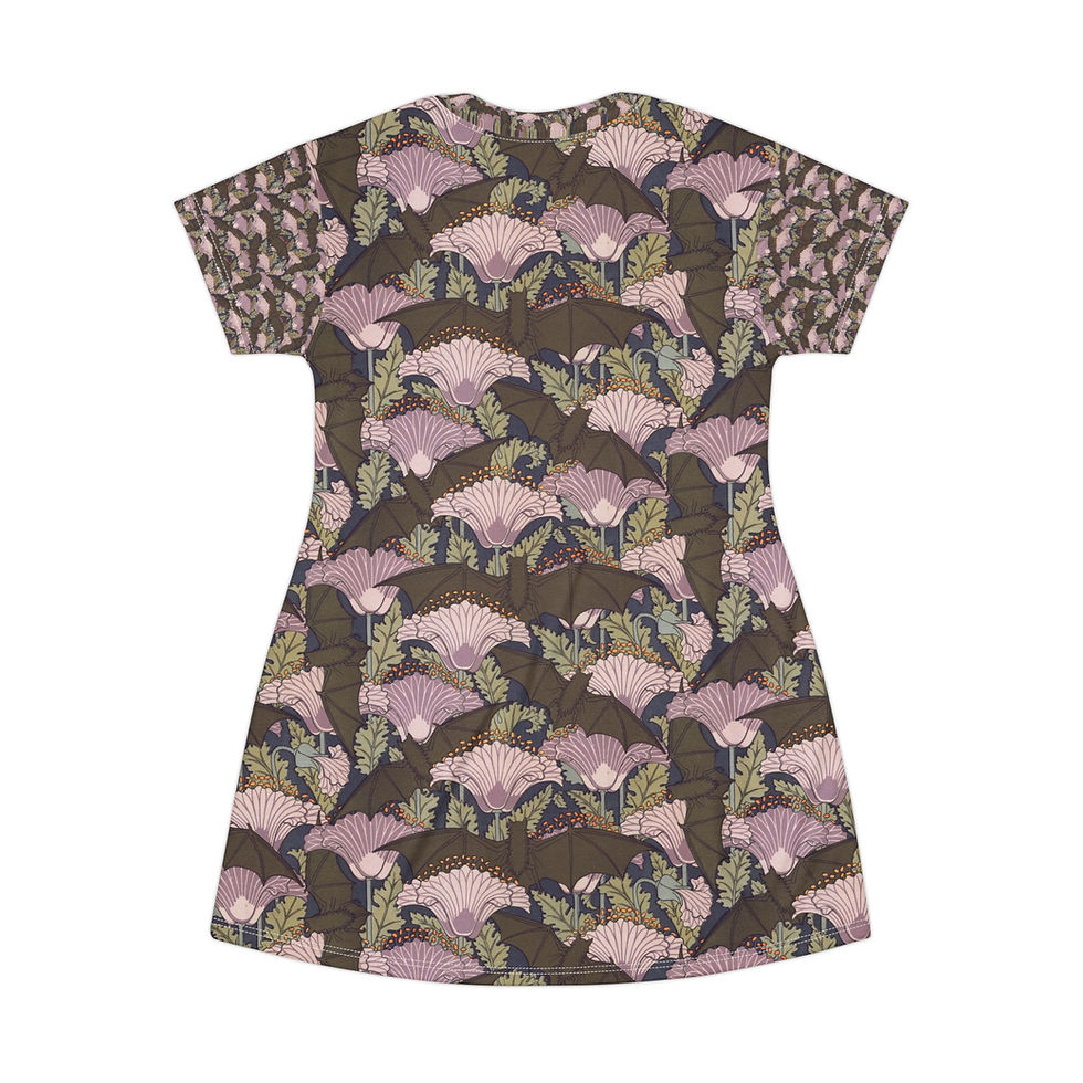 Thumbnail: Art Nouveau Floral and Bats Women's Tee Shirt Dress