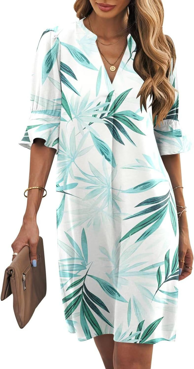 Thumbnail: Shift Dress for Women V Neck Short Sleeves Solid Color Casual Flowy Summer Dres