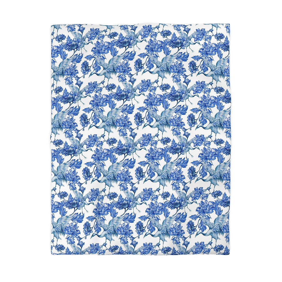 Thumbnail: Blue Floral and Crane Duvet Cover – Watercolor Iris Pattern Microfiber Bedding