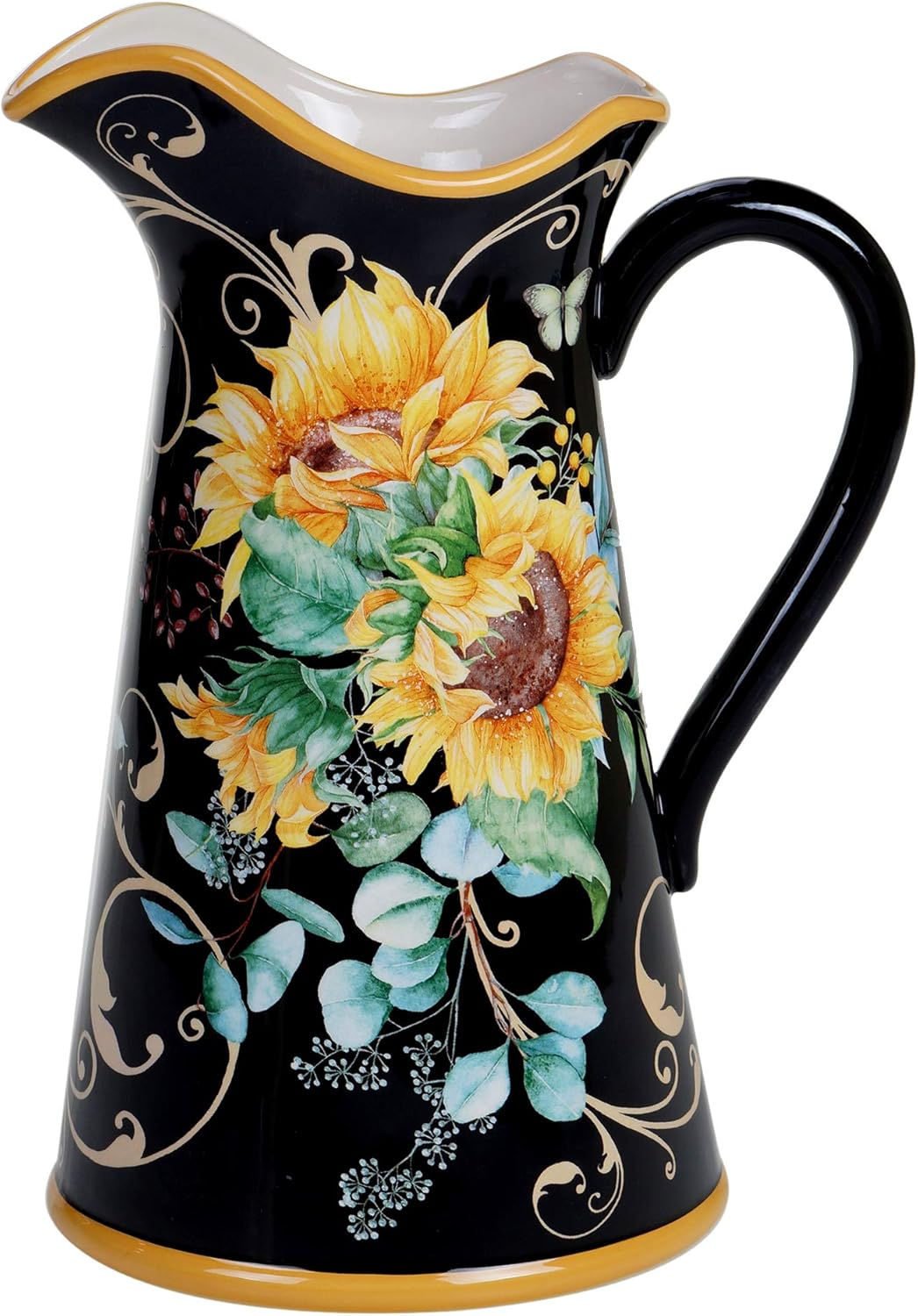 Sunflower Fields 96 oz Ceramic Pitcher-Decorative Farmhouse Floral Water Jug fo