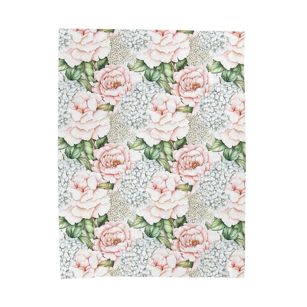 Thumbnail: Floral Velveteen Plush Blanket — Soft Pink Peony & Hydrangea Throw