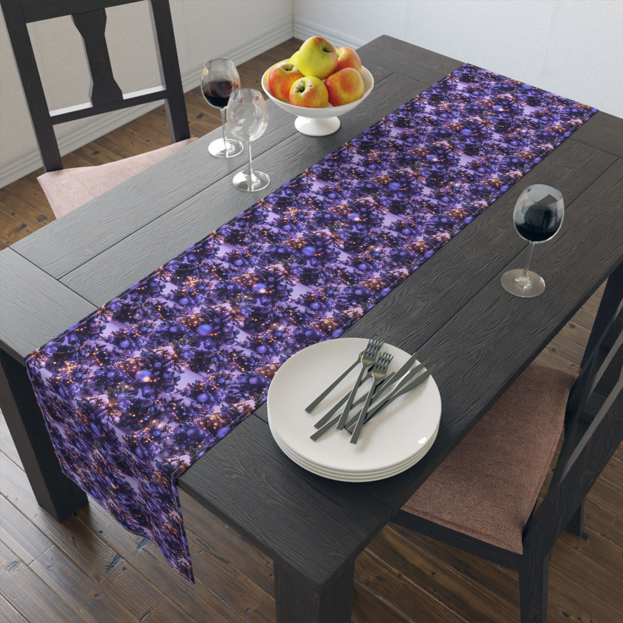 Blue Christmas Tree Forest Elegant Floral Table Runner for Home Decor