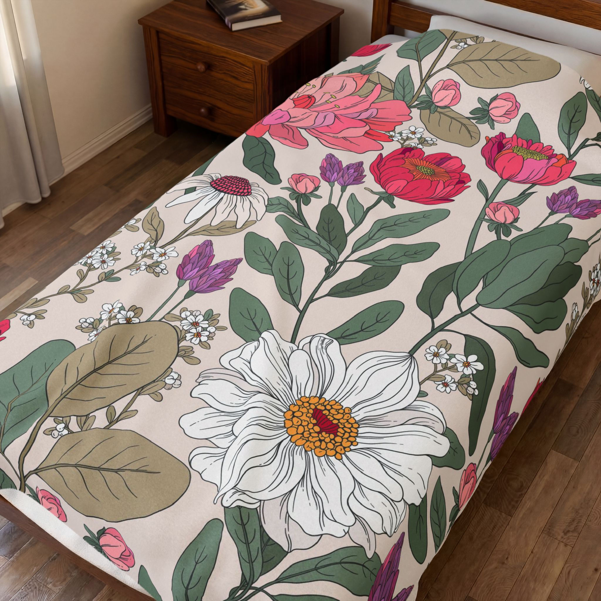 Lush Floral Velveteen Plush Blanket — Vintage Garden Flowers Cozy Throw