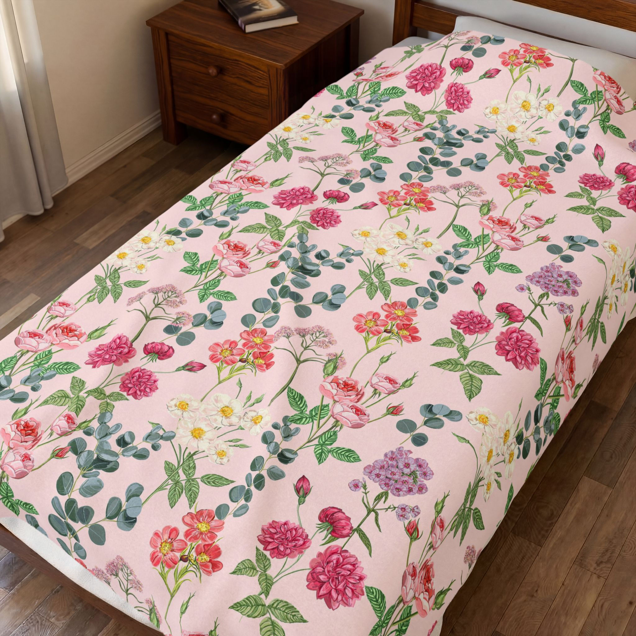 Floral Blossom Velveteen Plush Blanket — Pink Watercolor Wildflower Throw