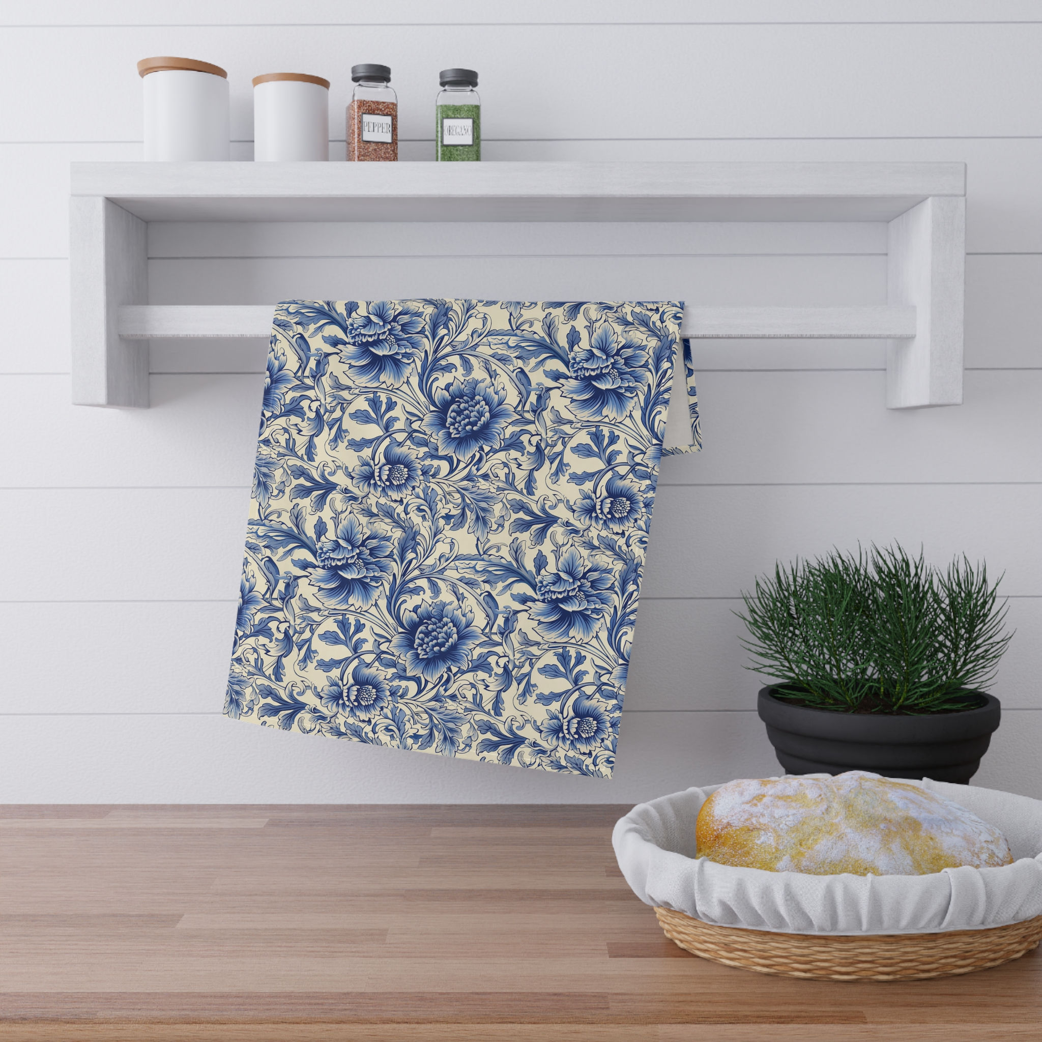 Blue Floral Toile Cotton Tea Towel – Vintage Botanical Kitchen Linen