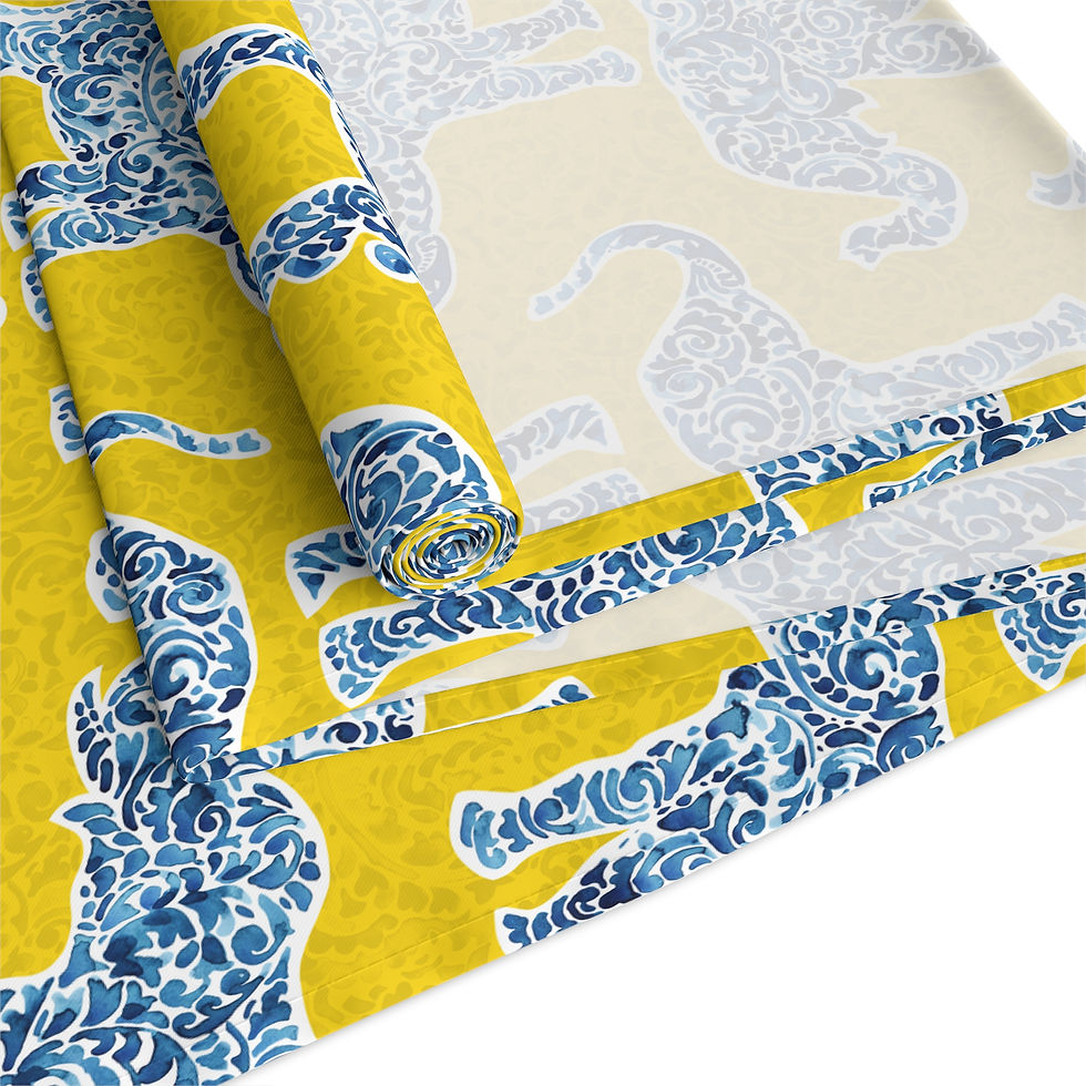 Thumbnail: Blue Elephant Pattern Table Runner — Yellow Cotton-Blend Dining Decor