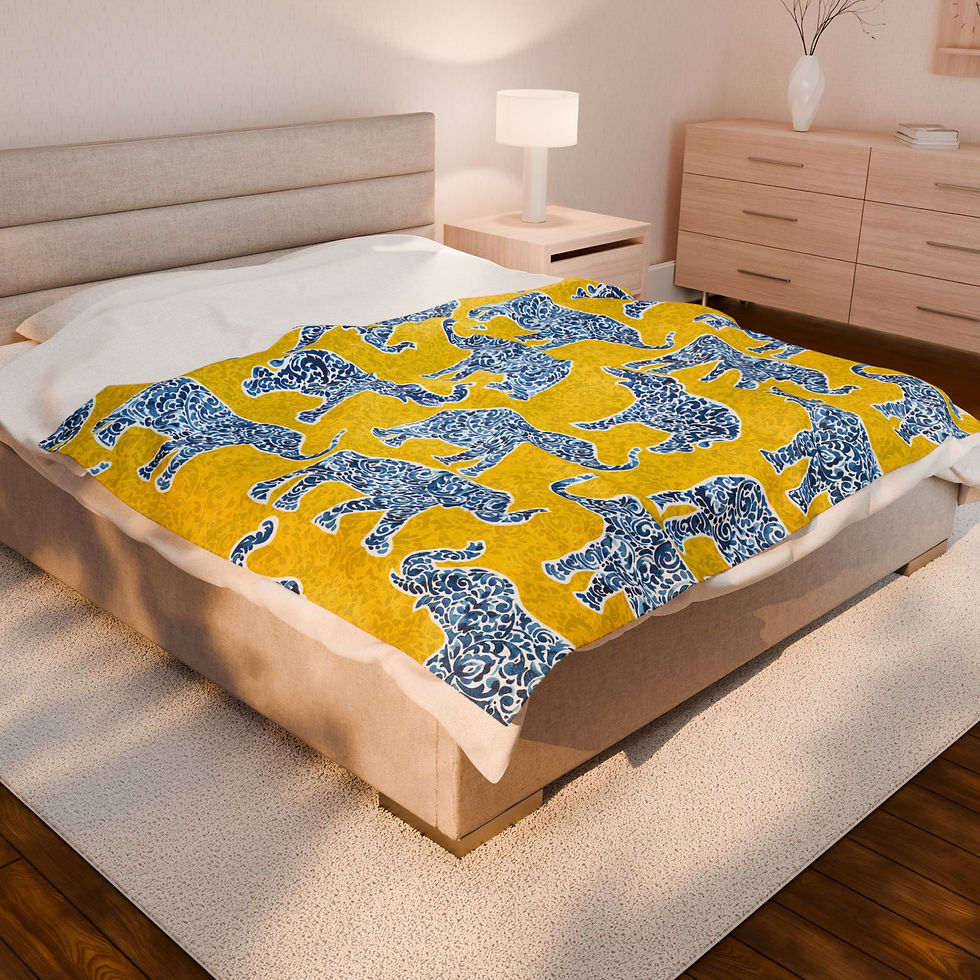 Thumbnail: Blue Floral Elephant Velveteen Plush Blanket – Soft Yellow Patterned Throw
