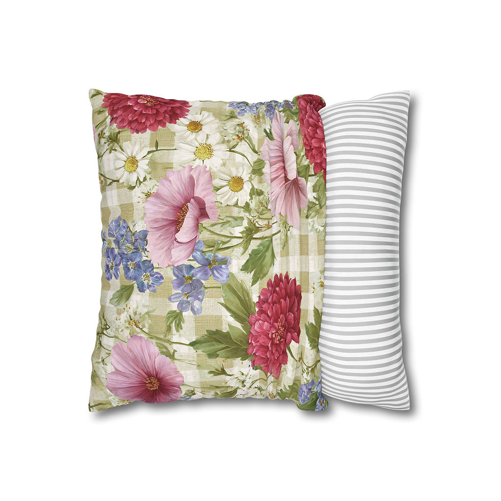 Thumbnail: Floral Cottage Check Square Pillowcase — Pink Peony & Daisy Decorative Accent