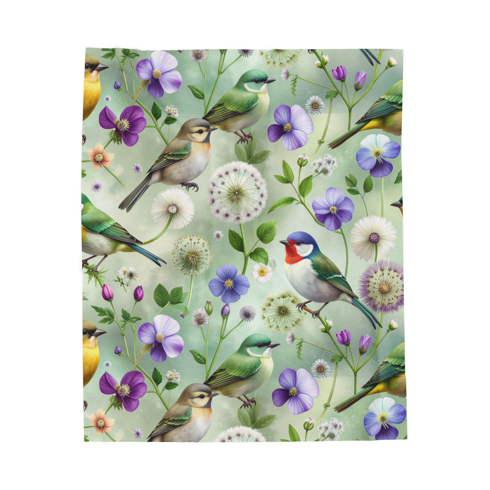 Bird & Wildflower Velveteen Plush Blanket — Soft Floral Throw 