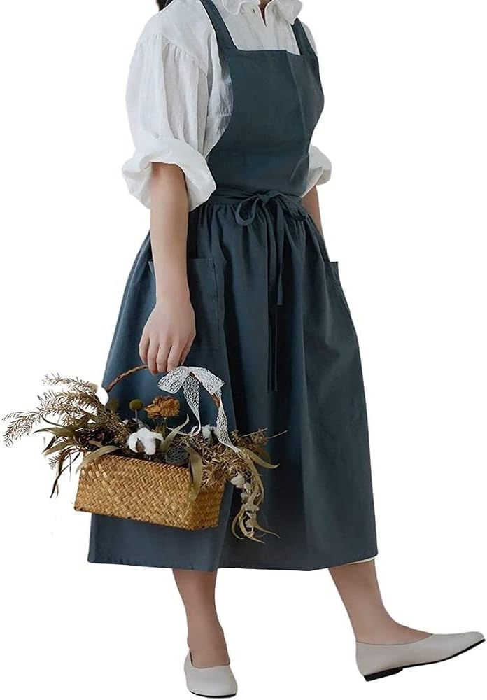 Thumbnail: Trendy Women's Cross Back Cotton Pinafore Apron with Pockets