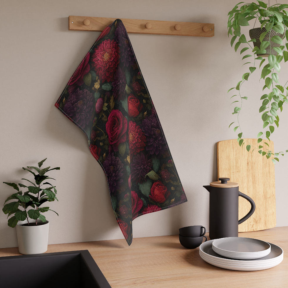 Thumbnail: Christmas Bouquet Kitchen Tea Towel — Dark Red Rose & Dahlia Pattern