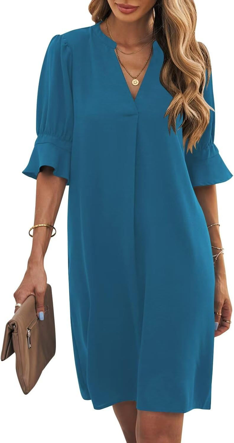 Thumbnail: Shift Dress for Women V Neck Short Sleeves Solid Color Casual Flowy Summer Dres