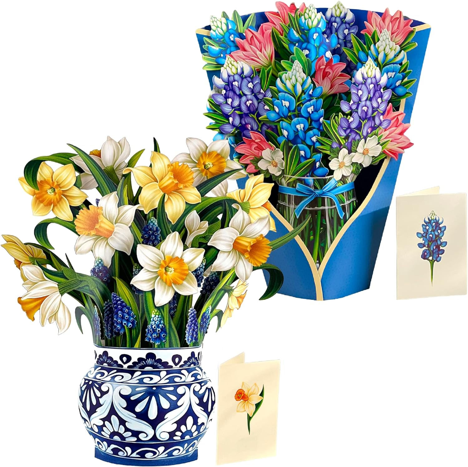 Freshcut Paper Pop Up Cards, English Daffodils + Blue Bonnets, Set of Two 12 In