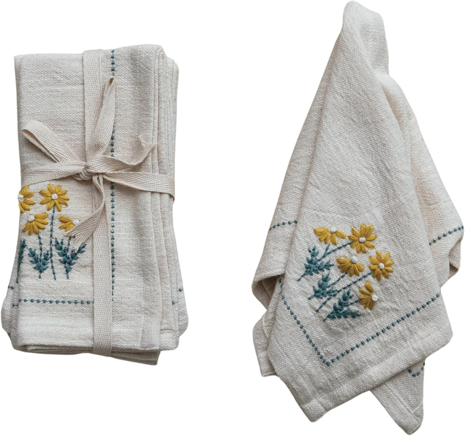 Floral Hand-Embroidered Cotton Napkins, Multicolor, Set of 4