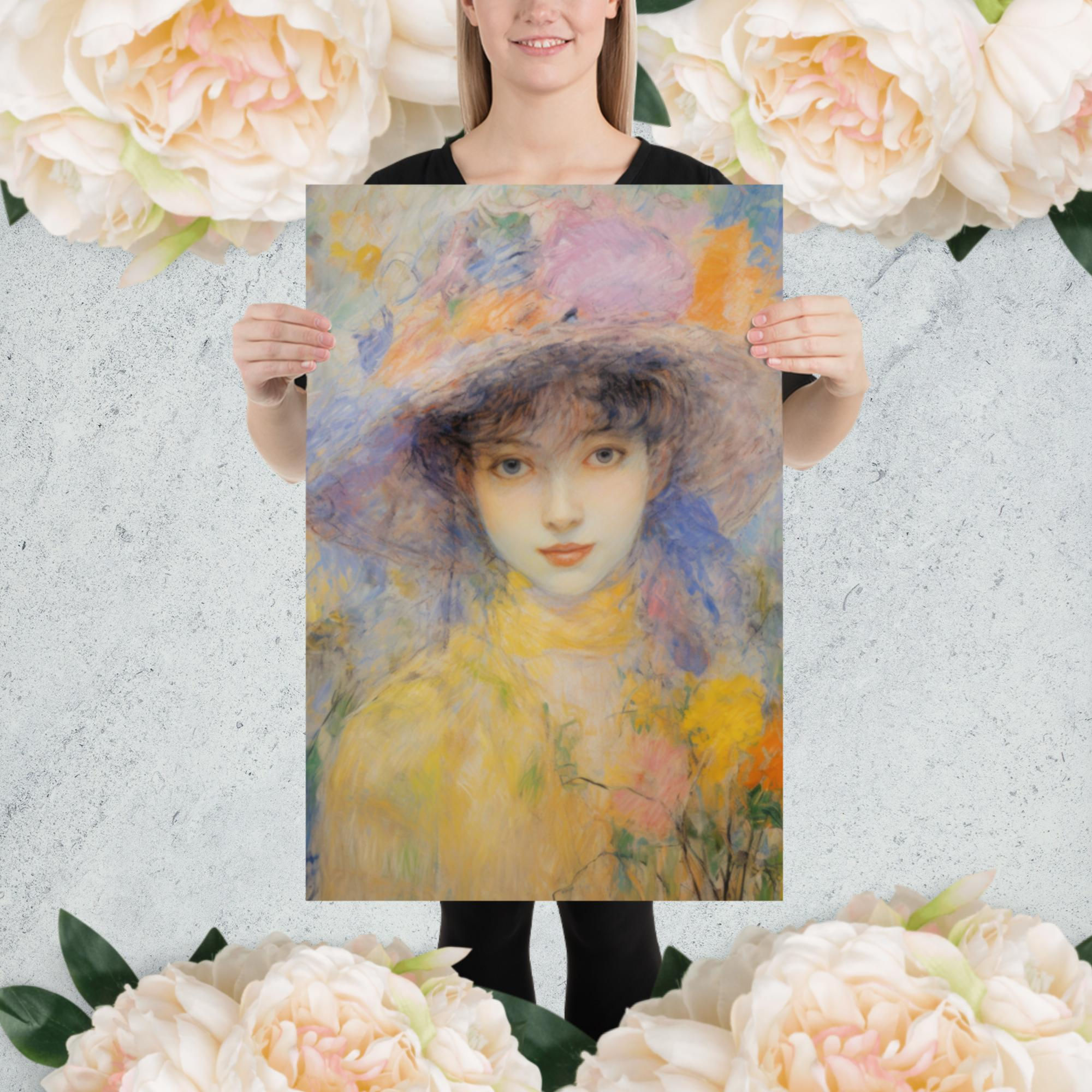 Girl in Hat holding Flowers Impressionist Poster