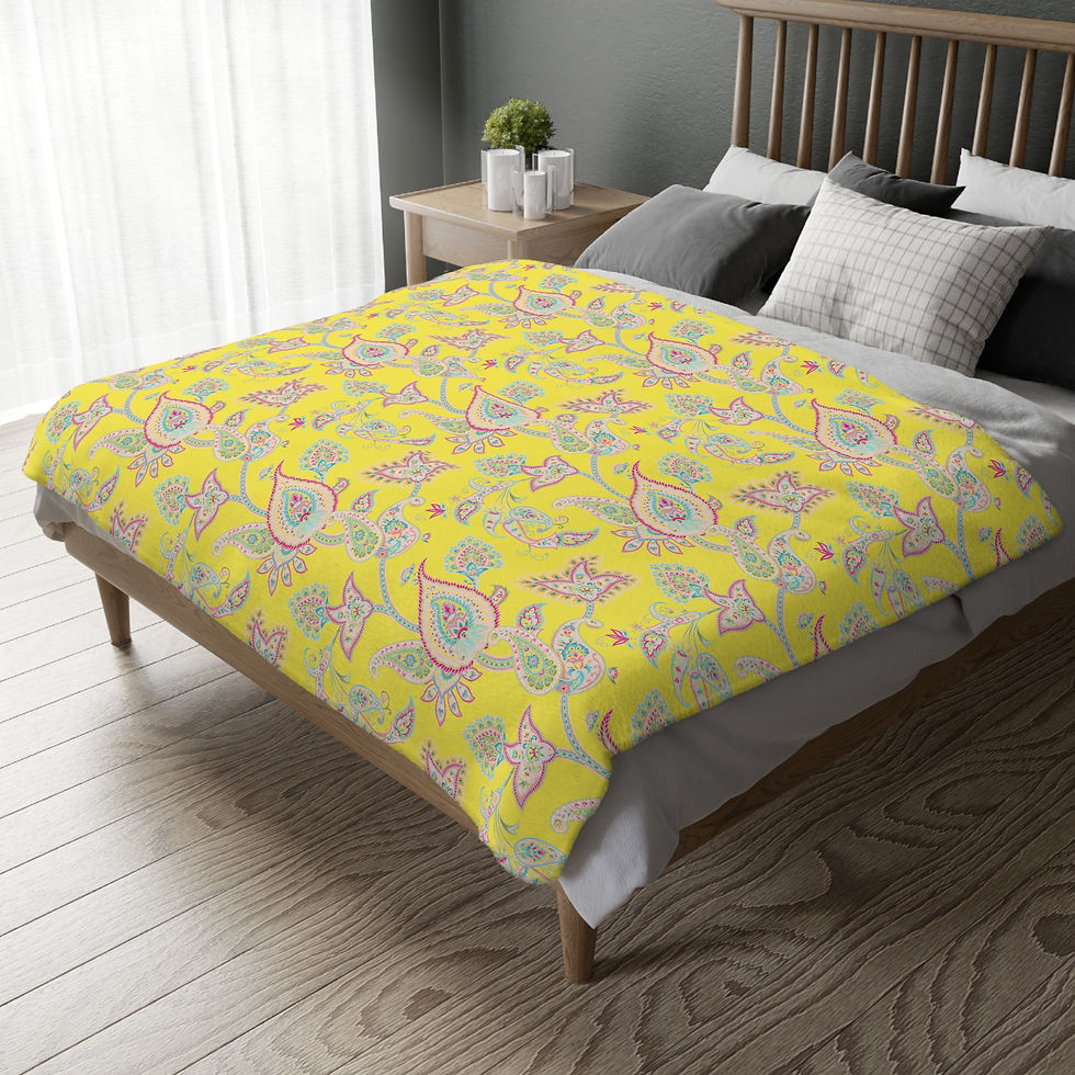 Thumbnail: Pink Paisley (Yellow Base) Colorful Botanical Velveteen Blanket