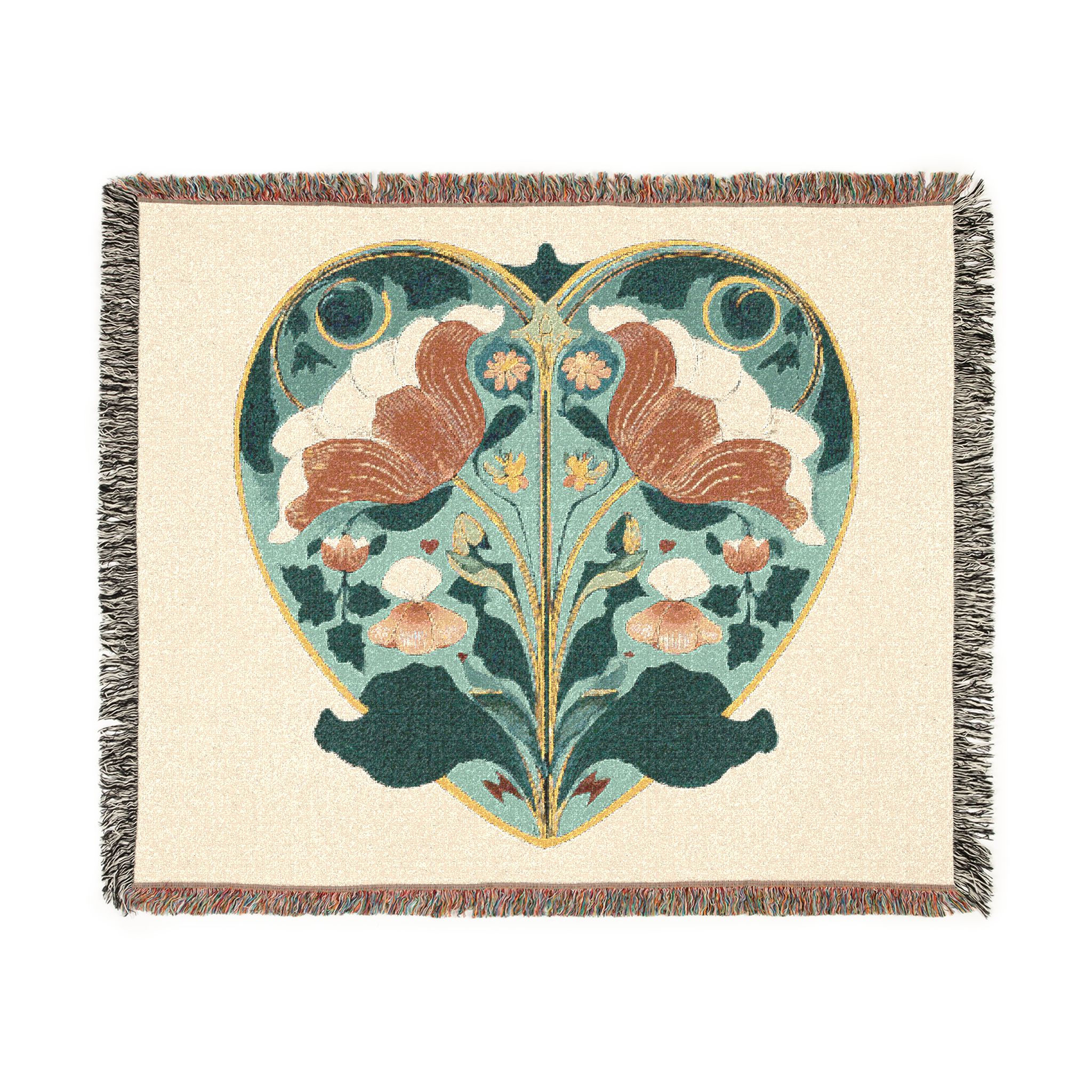 Heart Medallion Woven Blanket Poppies and Teal