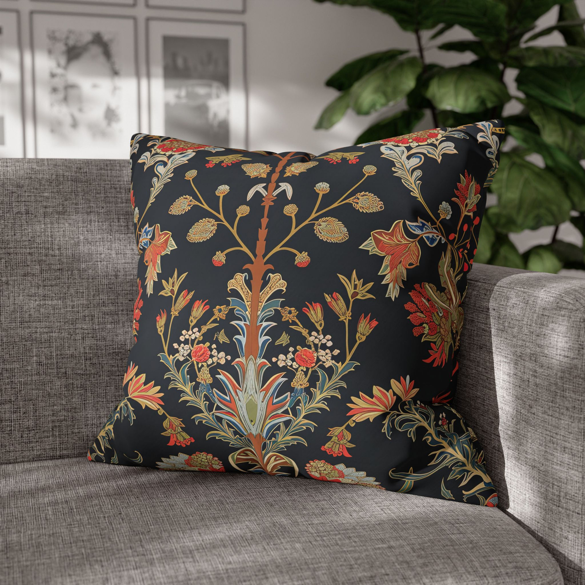 Floral Damask Square Pillowcase — Vintage Boho Botanical Throw Pillow Cover