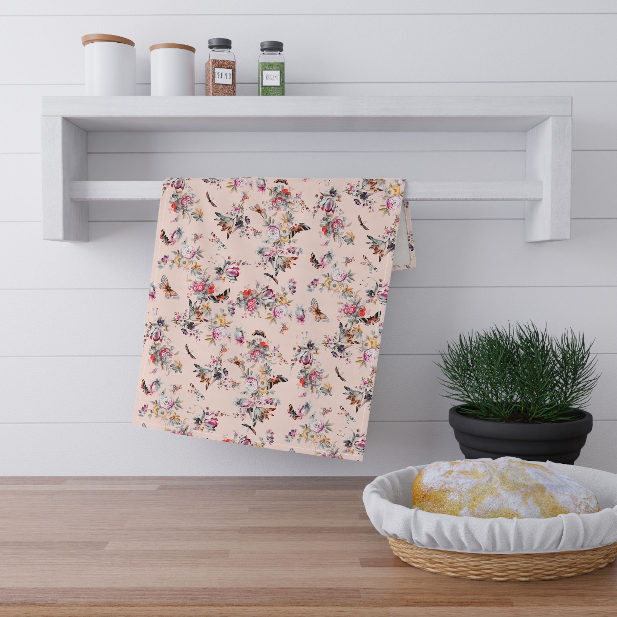 Floral Butterfly Cotton Tea Towel — Pastel Pink Kitchen Tea Towel