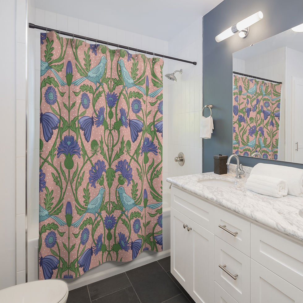 Thumbnail: Whimsical Floral Birds Shower Curtain - Vibrant Nature-Inspired Bathroom Decor