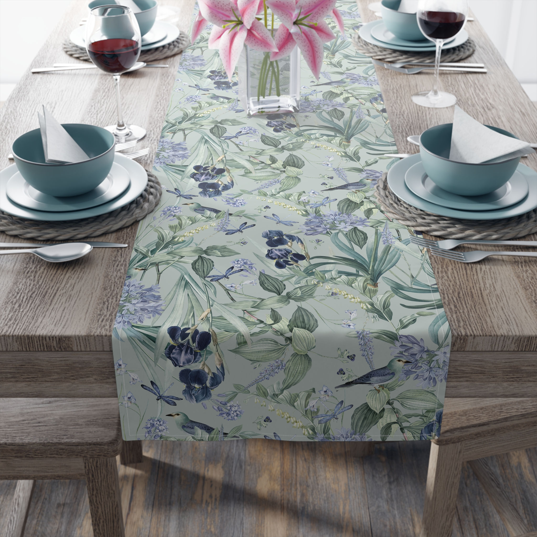 Paradise Found Table Runner – Botanical Iris & Leaf Print
