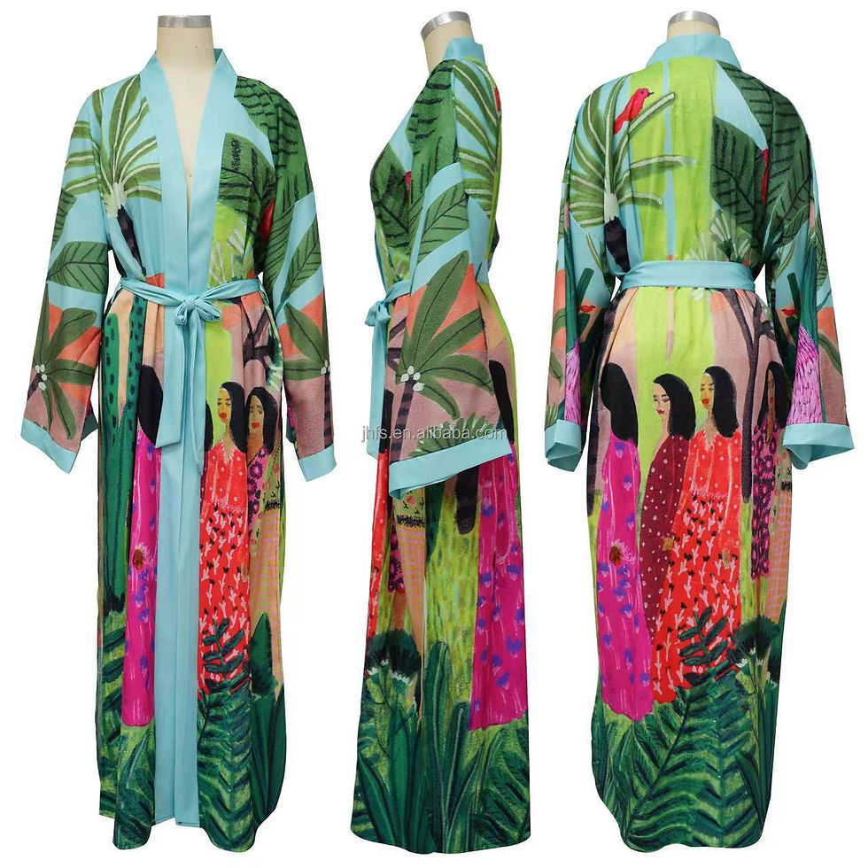 Thumbnail: Vintage Floral Printed Kimono Chic Silk Satin Cardigan