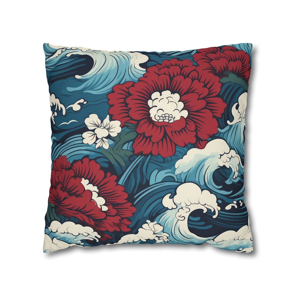 Thumbnail: Floral Wave Square Pillowcase — Red Peony & Ocean Wave Throw Pillow Cover