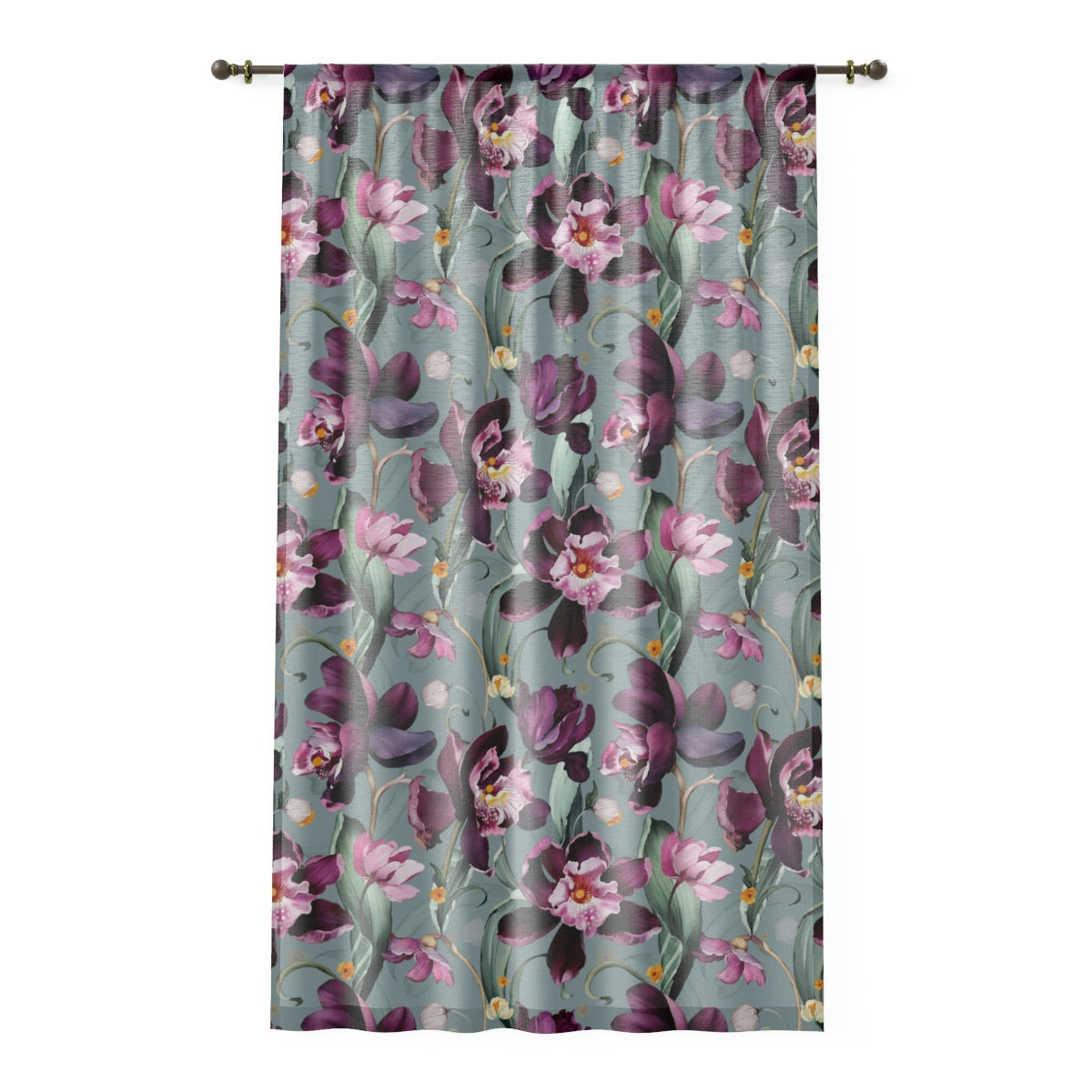 Purple Iris on Gray Window Curtain