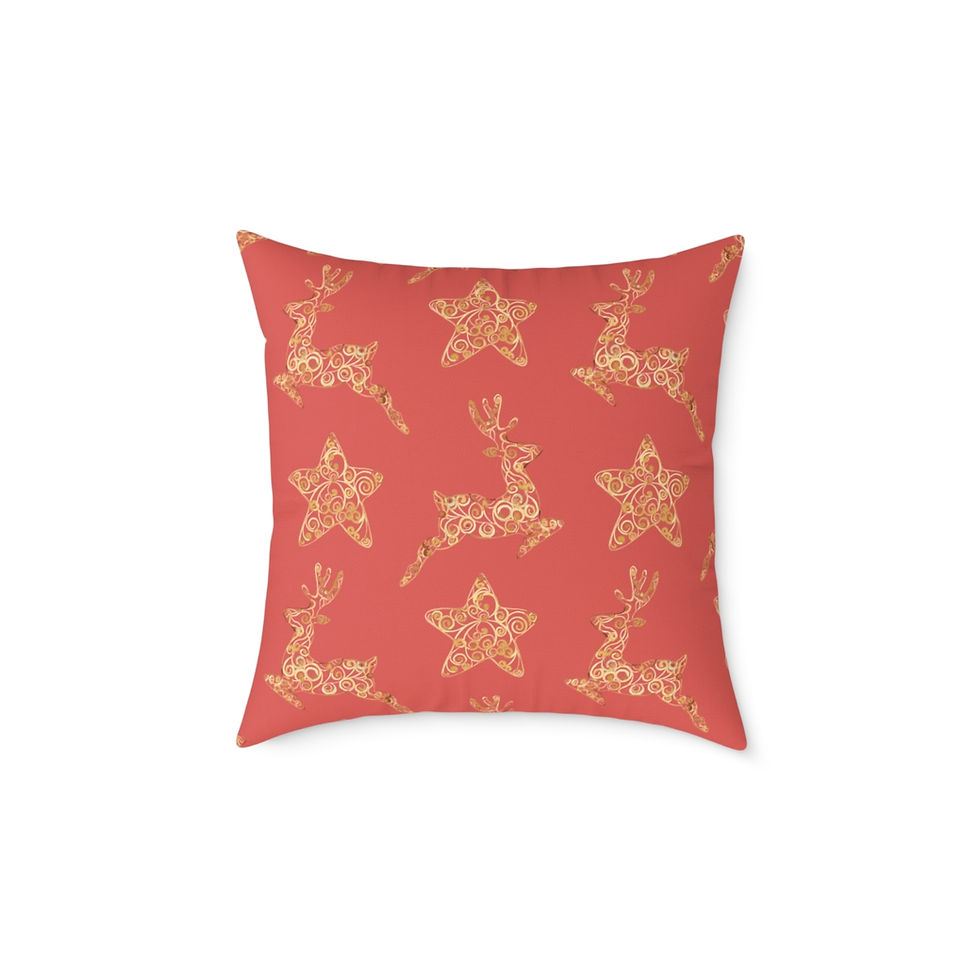 Thumbnail: Golden Reindeer and Stars (red) Spun Polyester Pillow
