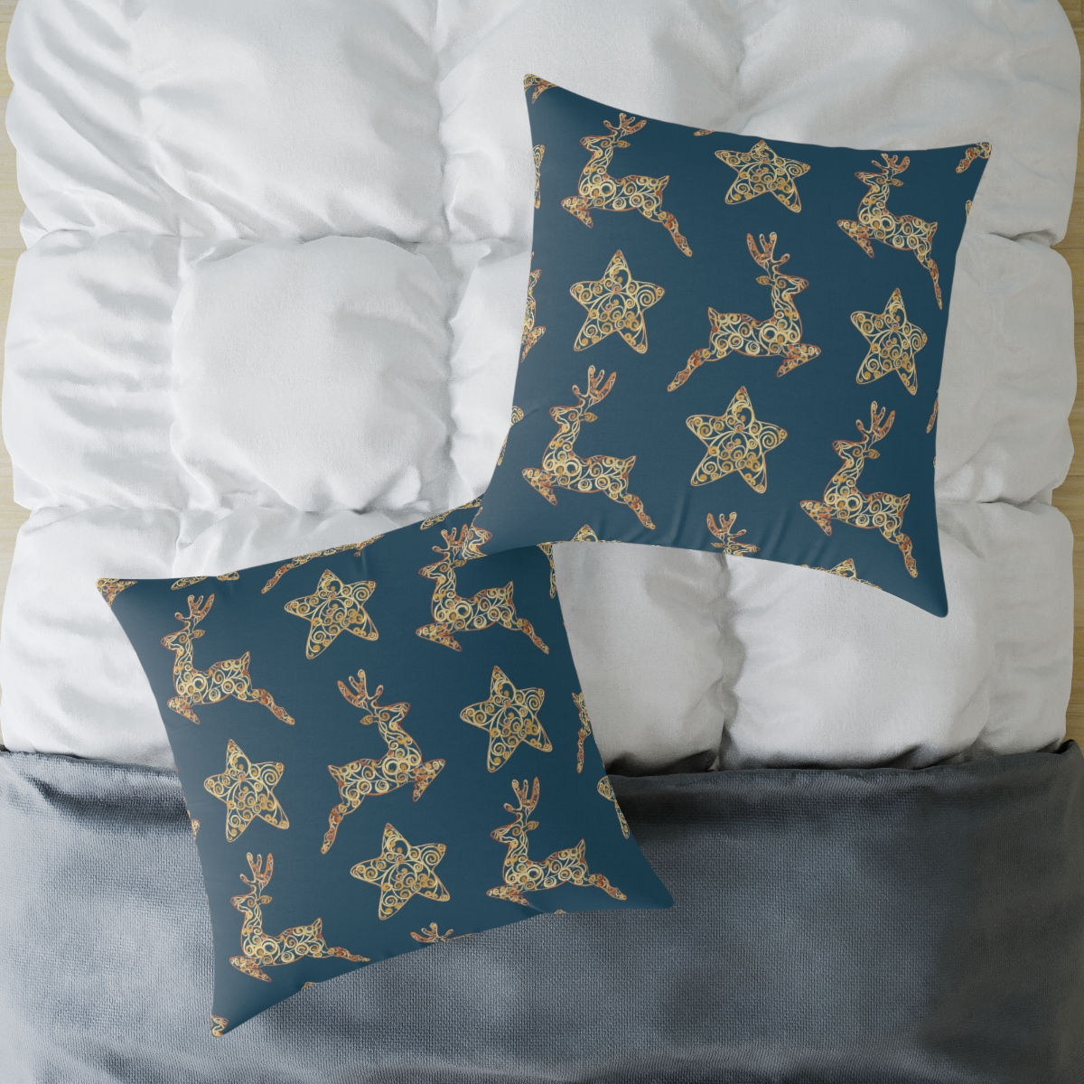Golden Reindeer and Stars (Aqua Emerald Green) Spun Polyester Pillow