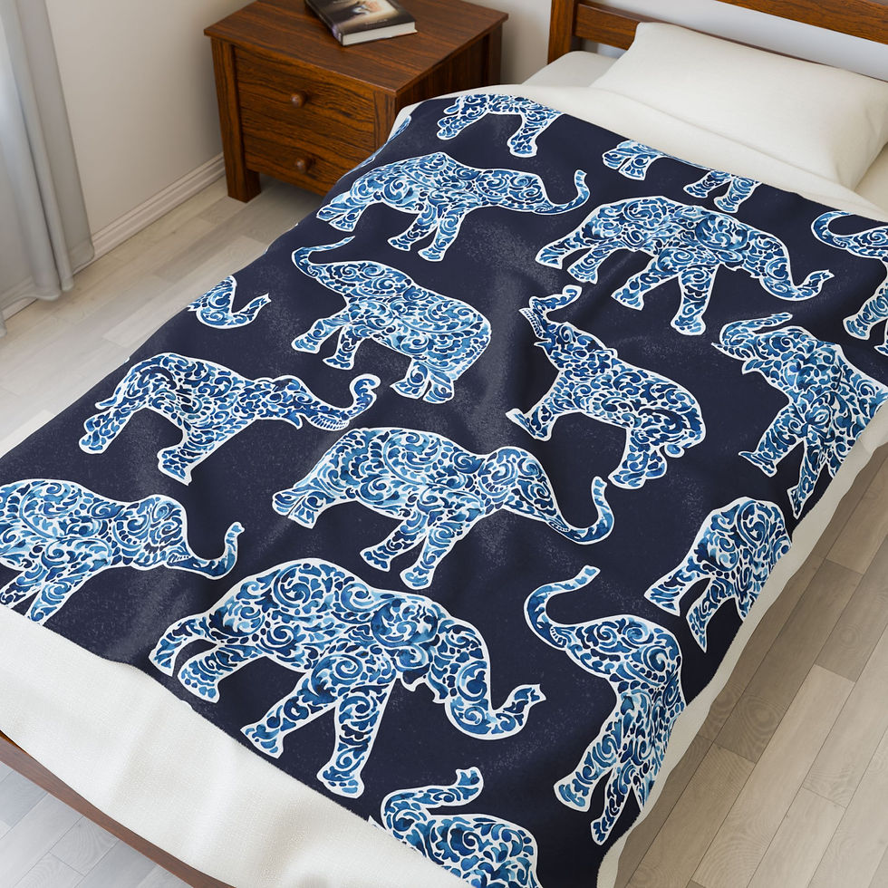Thumbnail: Elephant Pattern Velveteen Plush Blanket — Cozy Blue Floral Safari Throw