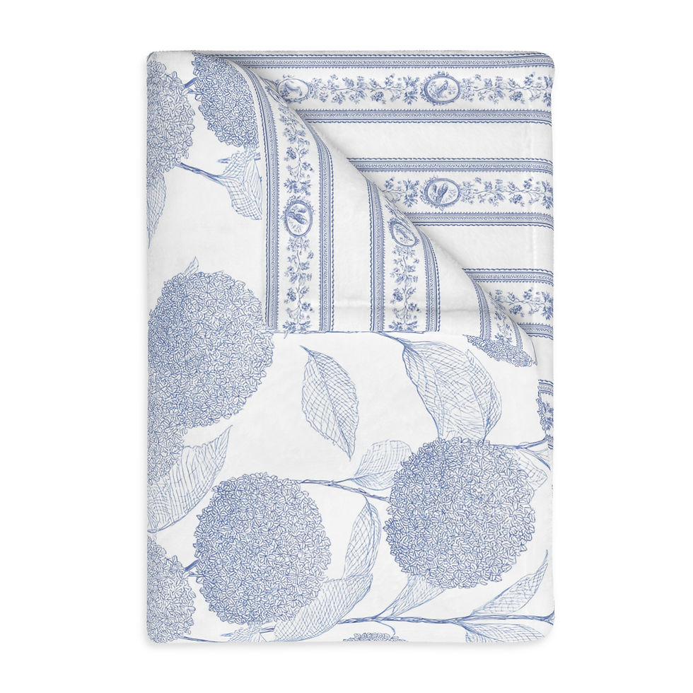 Thumbnail: Blue Floral Velveteen Throw Blanket — Reversible Striped & Blossom 