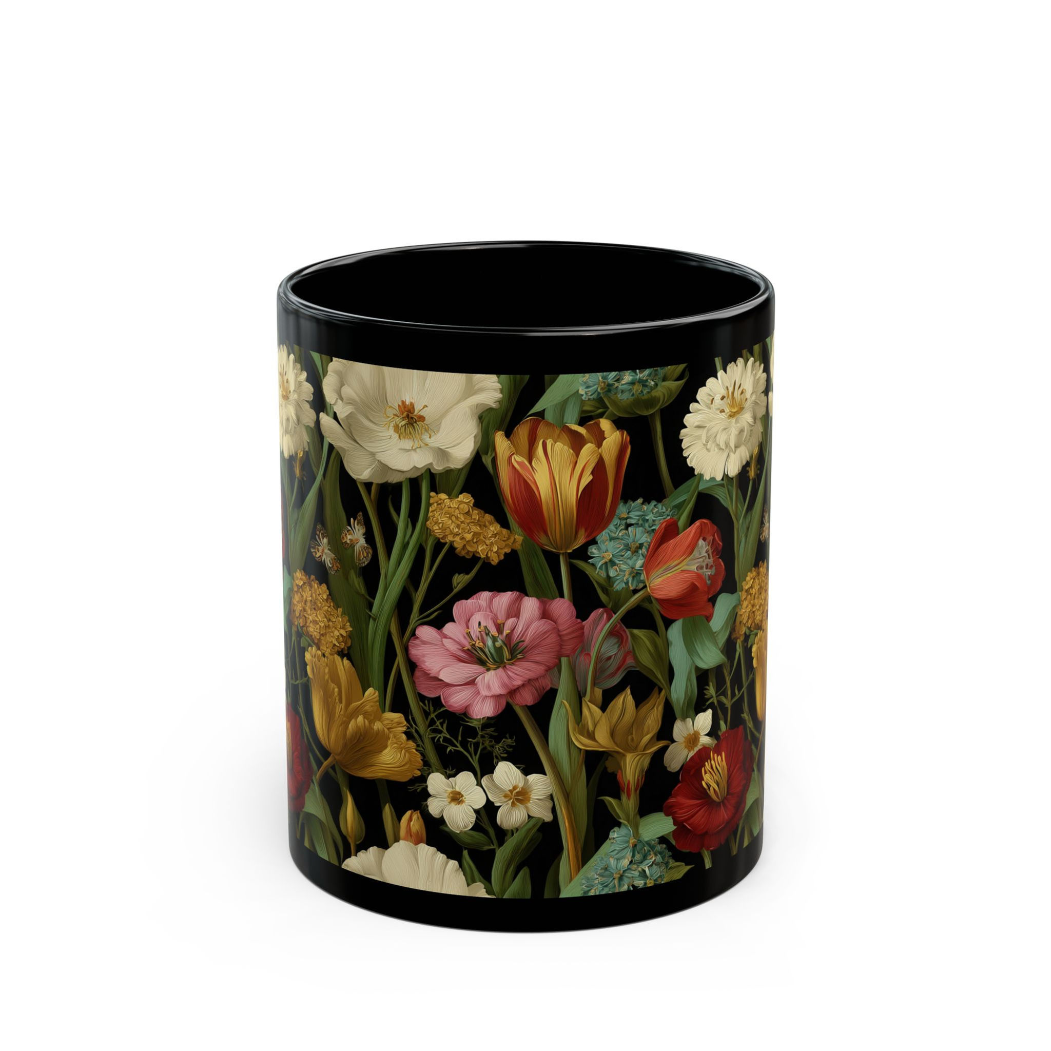 Talia Floral Vintage Black Mug — Dark Botanical Flower Coffee Cup (11oz & 15oz)