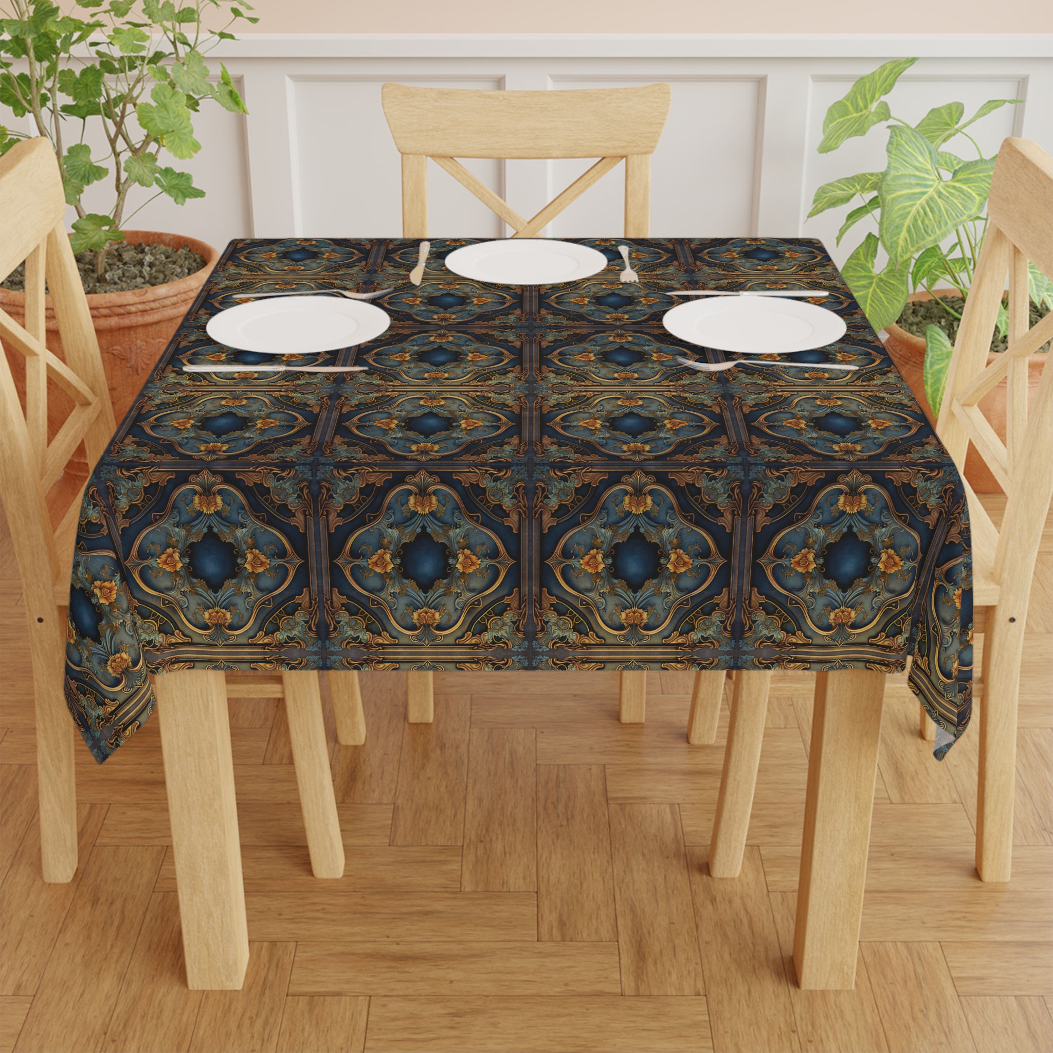Rococo  Pattern Tablecloth — Rustic Blue & Gold Decorative Dining Cover