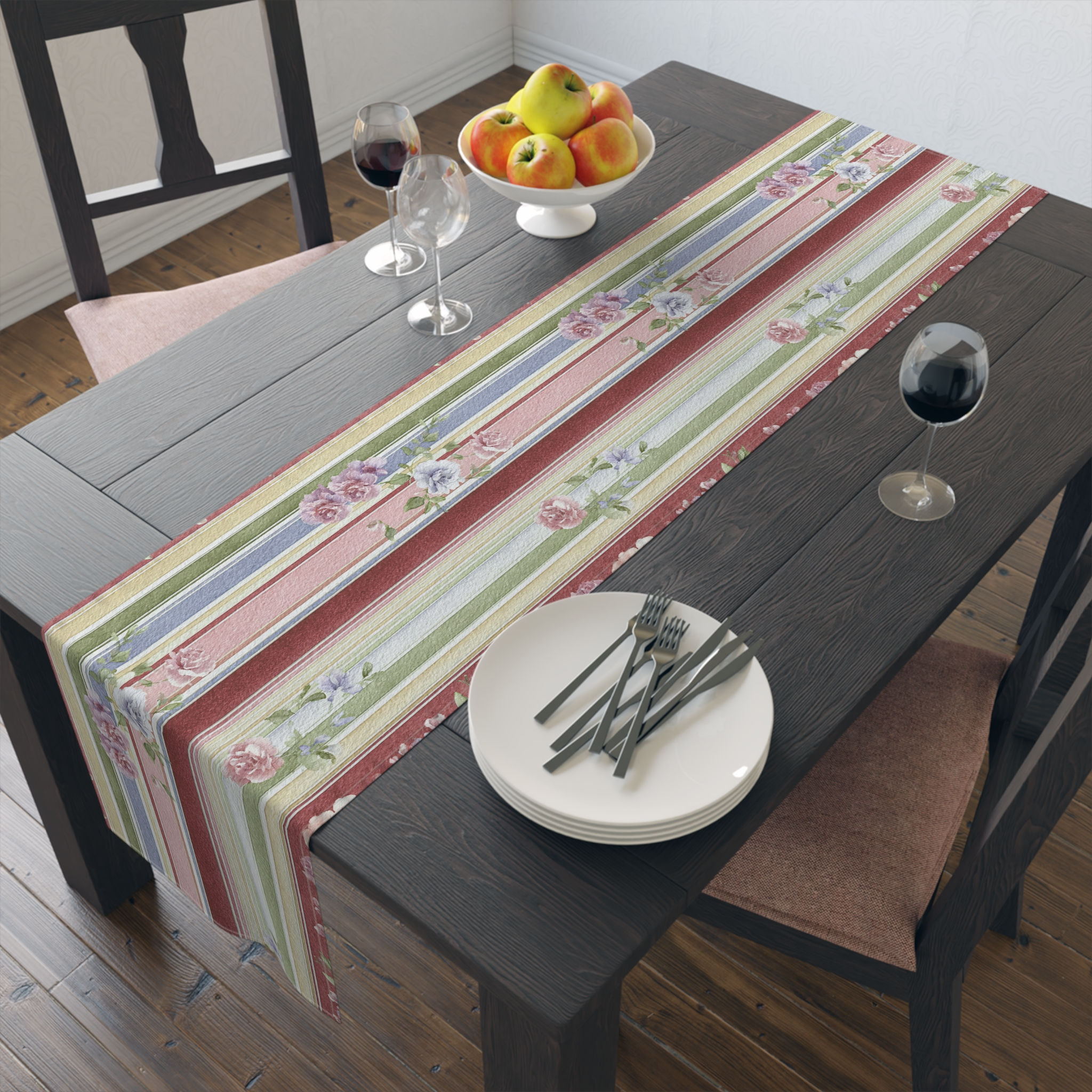 Floral Stripe Table Runner — Pastel Cottagecore Cotton-Blend Dining Decor