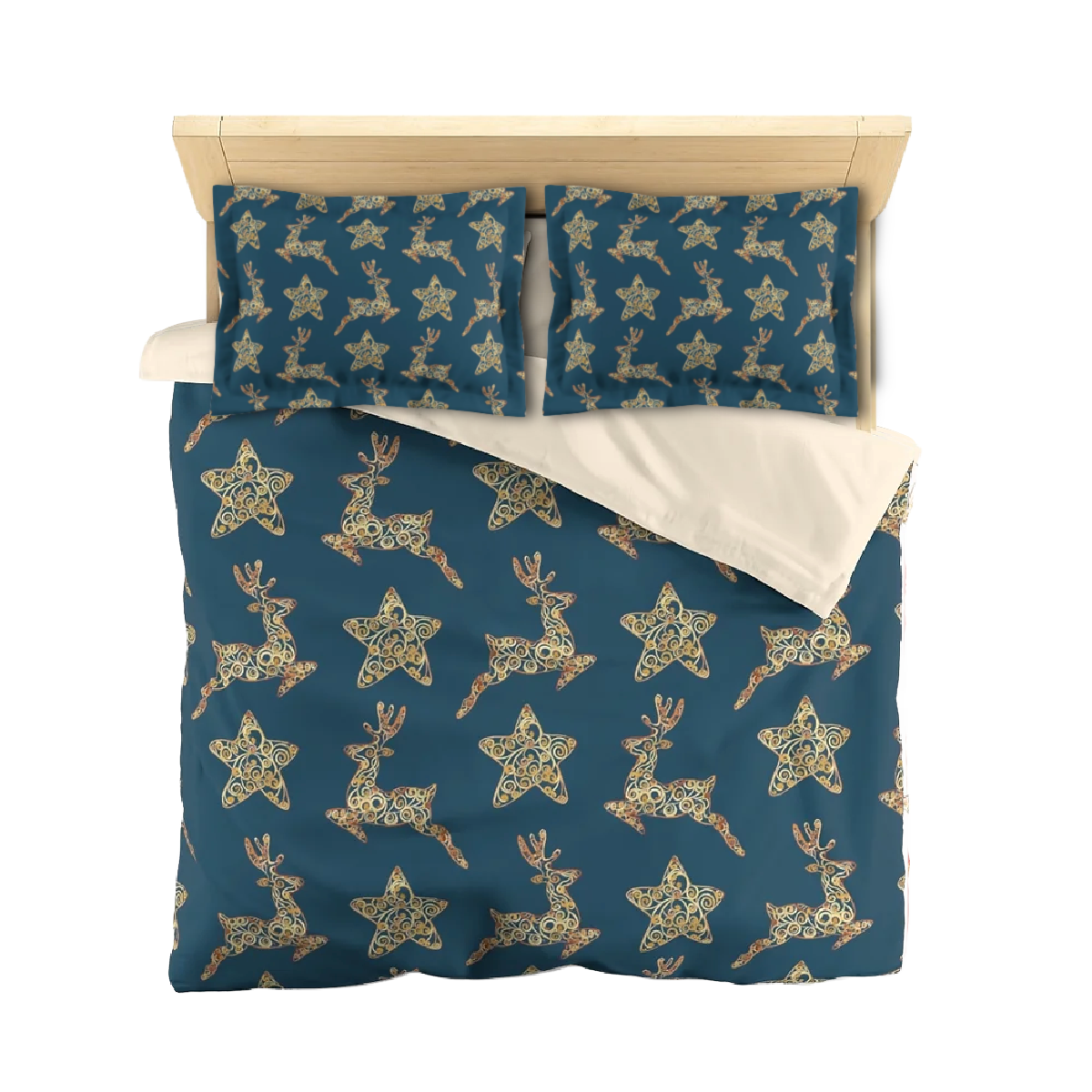 Golden Reindeer and Stars Microfiber Duvet Cover Set