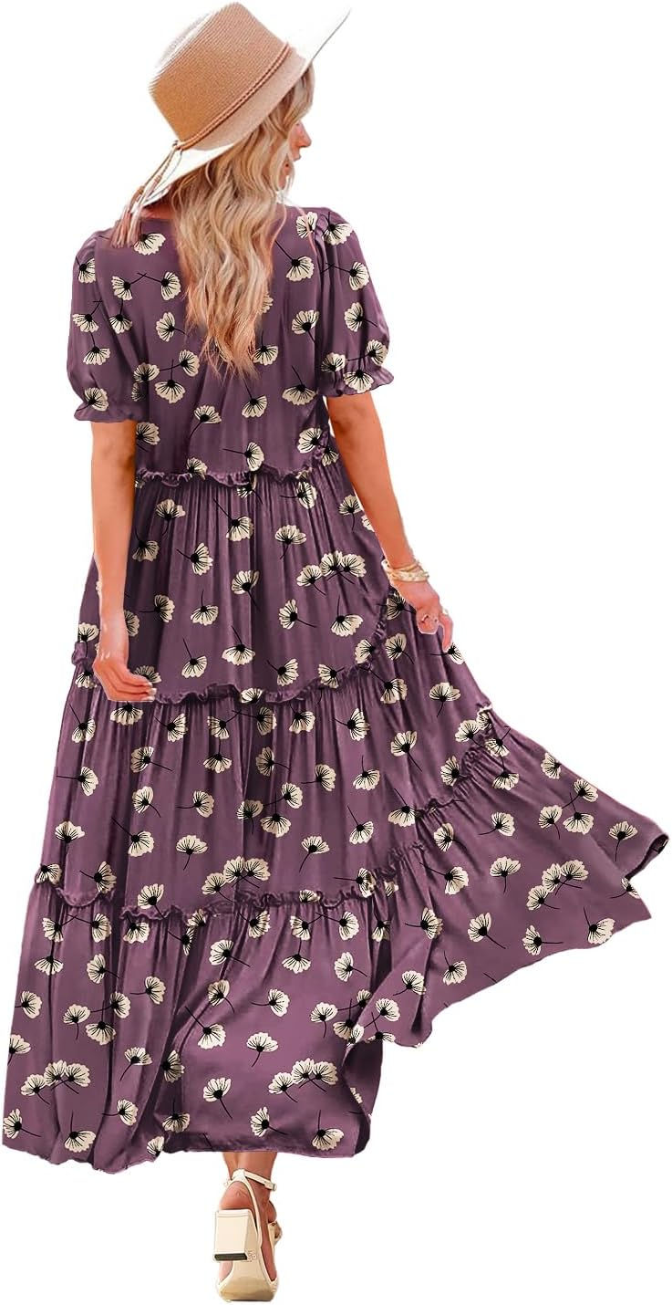 Thumbnail: Summer Casual Bohemian Floral Dresses for Women Puff Short Sleeve Long Maxi Dre