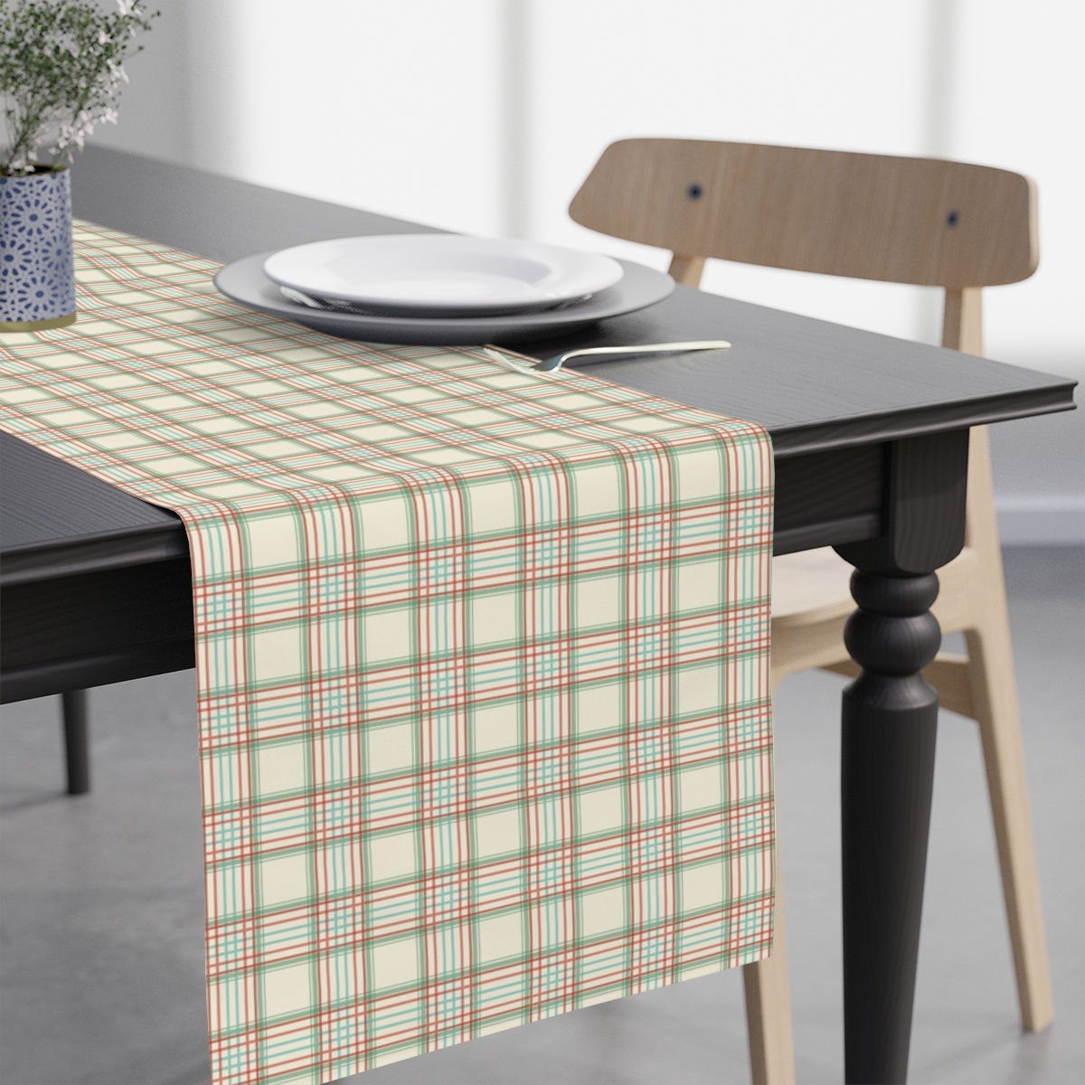 Cream Off White Sage Red2 Plaid Solid Color Table Runner