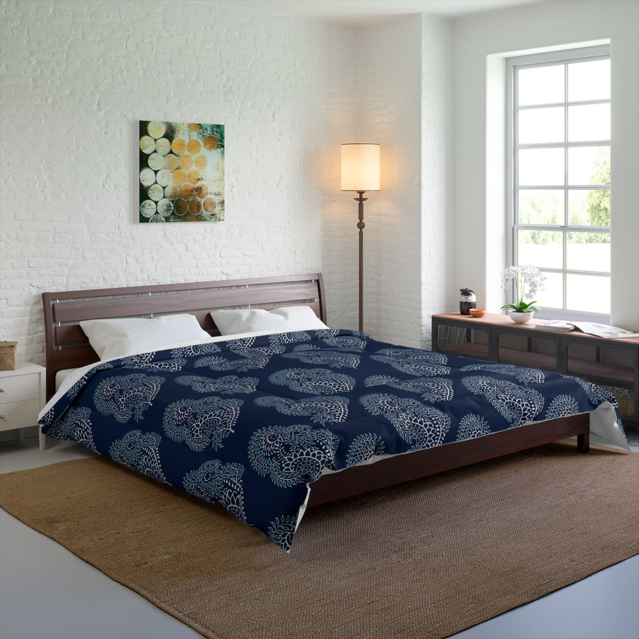 Navy Blue Floral Comforter – Elegant Home Décor for Cozy Spaces