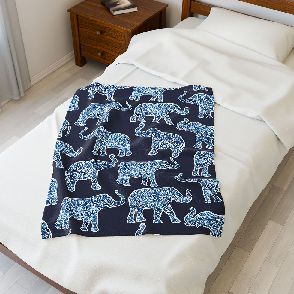 Thumbnail: Elephant Pattern Velveteen Plush Blanket — Cozy Blue Floral Safari Throw