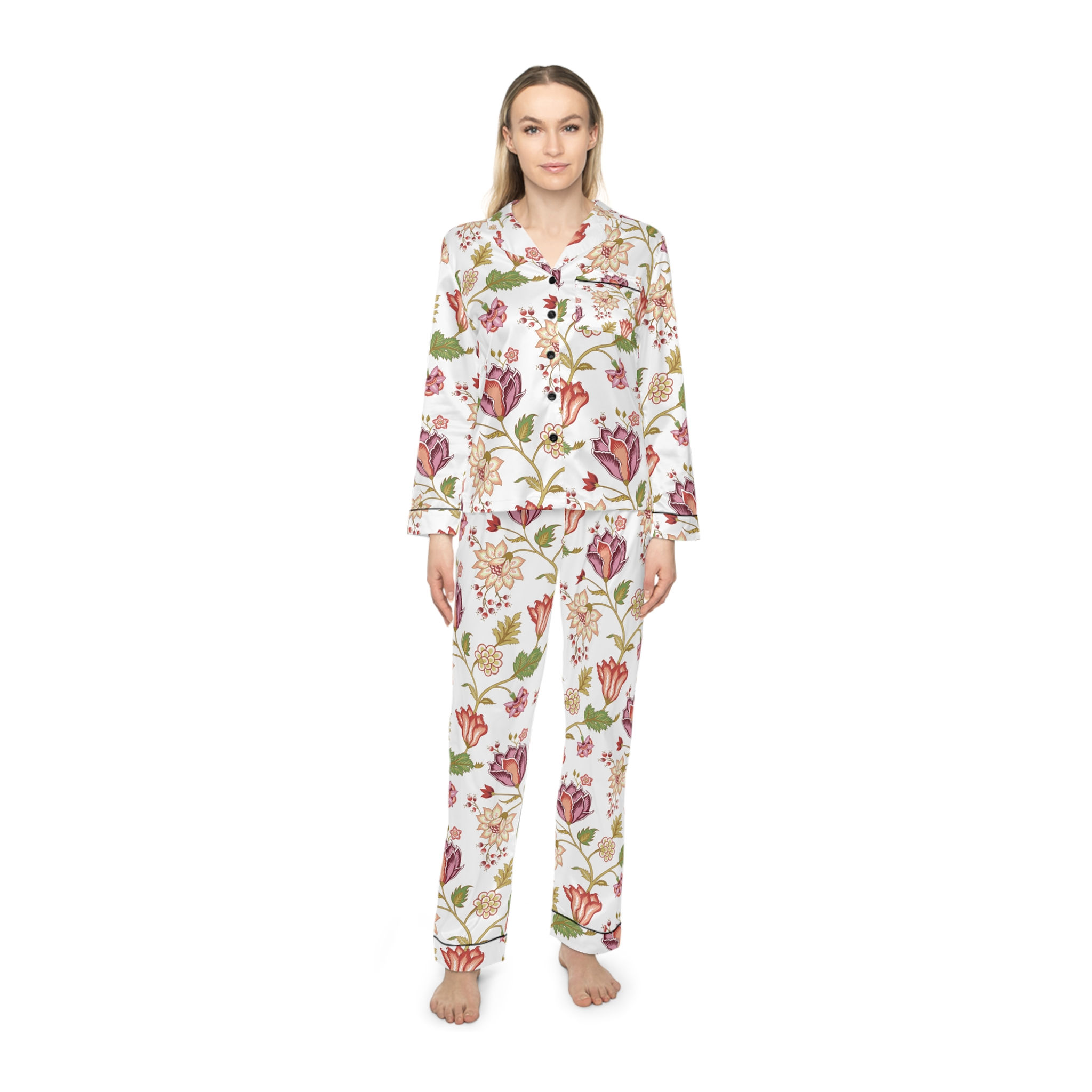 Copy of Floral Satin Pajama Set (white) — Women's white Pink Botanical Sleepwear